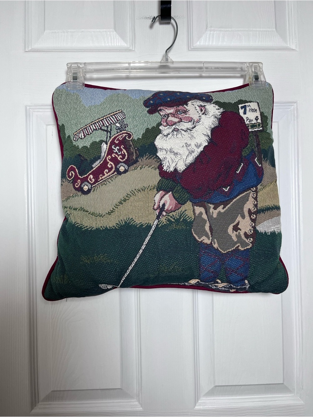 Riverdale Vtg 80’s-90’s Golfing Santa Holiday Throw Pillow - Burgundy & Green